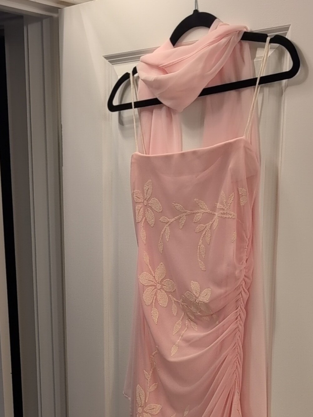 Mariposa Light Pink Strapless Floral Chiffon Evening Gown with Scarf